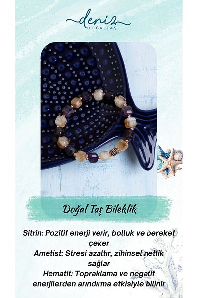 Deniz Doğal Taş Certified Citrine, Amethyst and Hematite Natural Stone Bracelet