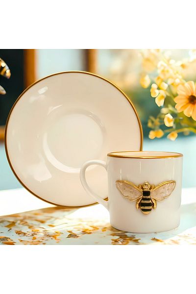 REGNA HOME Fine Living طقم فناجين قهوة من البورسلين مكون من 18 قطعة من Regna Home Queen Bee تتسع لـ 6 أشخاص مع كؤوس مذهبة