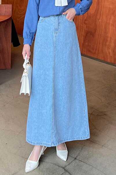 lamelif تنورة جينز بسحاب باللون الأزرق الجليدي