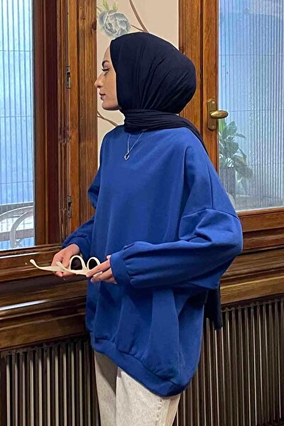 lamelif Balloon Sleeve Collar and Hem Cuff Loose Sweat Saks Blue