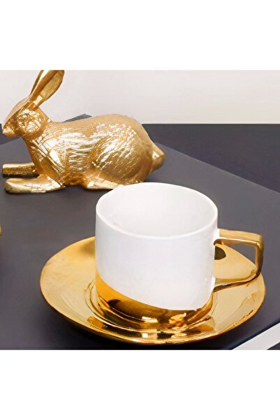 Sembol Opus Gold Yaldız 100 ml 2 Kişilik Porselen Kahve Fincan Takımı Beyaz Purebone-56