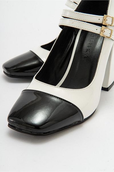 Niloshka ANTE White Patent Leather Thick Heeled Buckle Women's Shoes