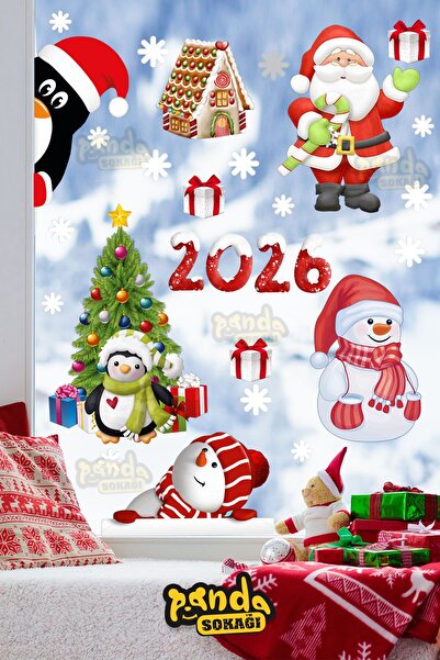 PANDA SOKAĞI New Year Sticker 2026 Figures Santa Claus and Deer and Snowflake Window Wall