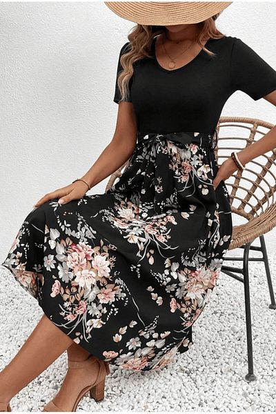 Modayakamoz New Season Women's Short Sleeve Crew Neck Floral Patterned Top Viscose Bottom Single Jersey Short Dress