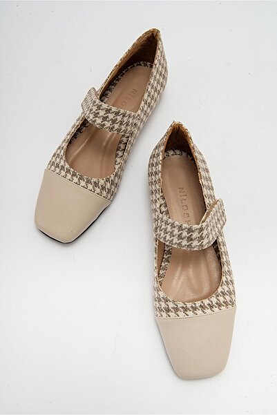 Niloshka TOWN Beige Houndstooth Velcro Casual Ballet Shoes
