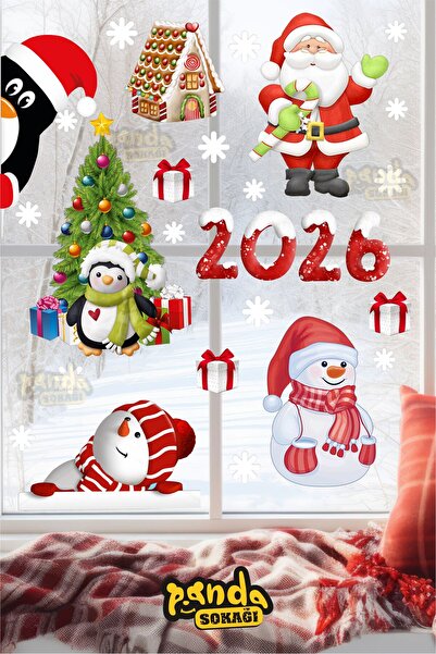 PANDA SOKAĞI New Year Sticker 2026 Figures Santa Claus and Deer and Snowflake Window Wall