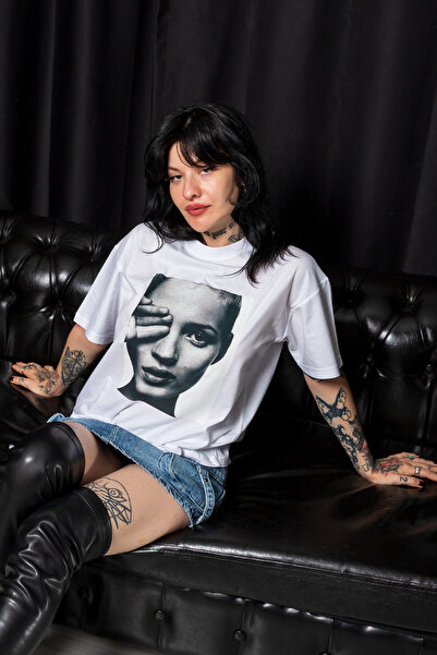 Bak Moda Tricou alb pentru femei cu imprimeu Kate Moss