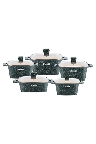 Generic Stargold 10-piece Nonstick Granite Cookware Set – Green Square Casserole Set With Glass Lids