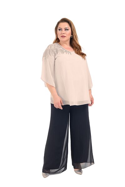 LİLAS XXL Large Size Beige Color Chiffon V-Neck Evening Dress Blouse