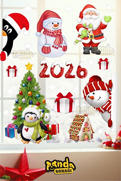 PANDA SOKAĞI New Year Sticker 2026 Figures Santa Claus and Deer and Snowflake Window Wall