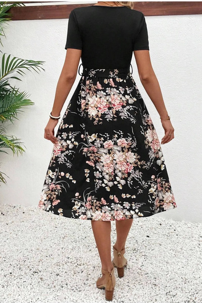 Modayakamoz Νέα σεζόν Γυναικείο κοντομάνικο λαιμόκοψη με λουλουδάτο μοτίβο επάνω μέρος από βισκόζη κοντό φόρεμα με μονόκλινο πάτο