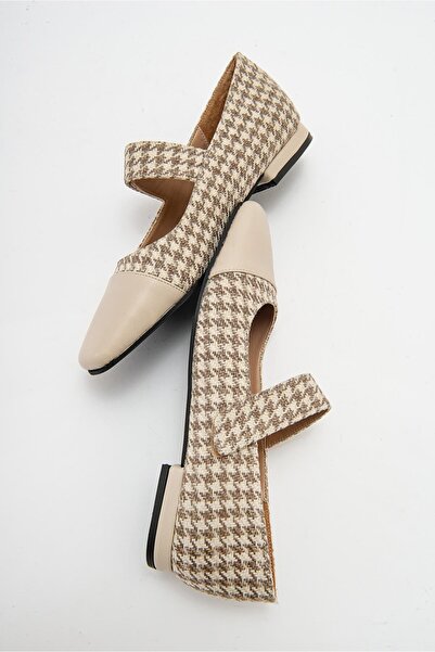 Niloshka TOWN Beige Houndstooth Velcro Casual Ballet Shoes