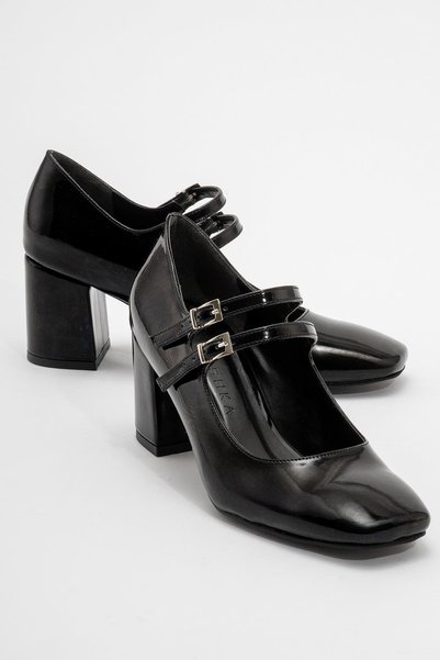 Niloshka Roya Black Patent Leather Thick Heeled Women's Shoes