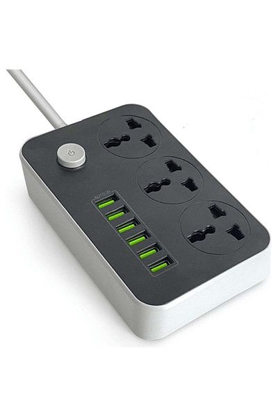 Foji 2M Universal Extension Lead | 3 UK Plug Outlets + 6 USB Charging Ports | Power Strip with Surge