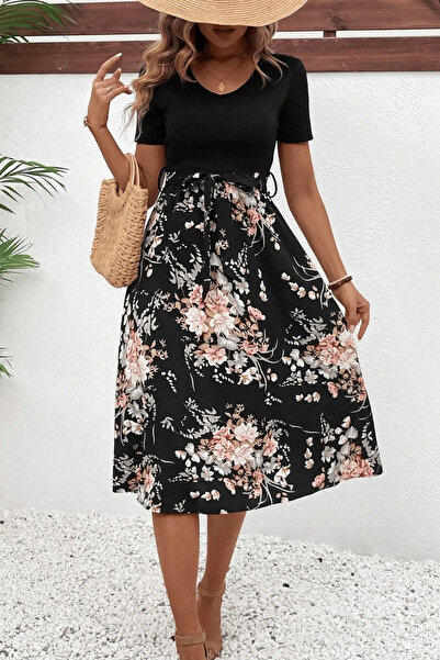 Viyamo New Season Women's Short Sleeve Crew Neck Floral Print Top Viscose Bottom Single Jersey Short Dress