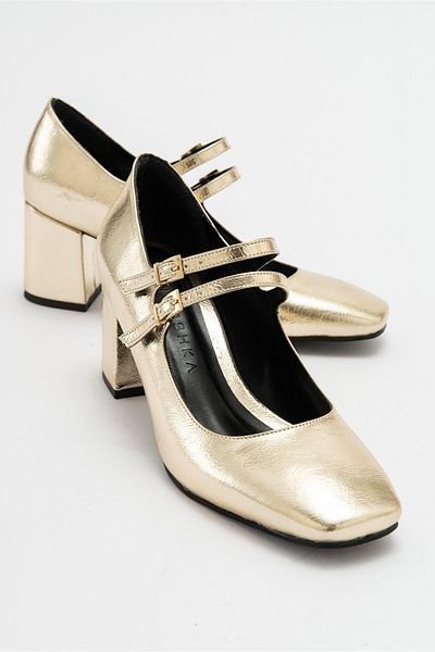 Niloshka Pantofi de damă cu toc cu cataramă dublă Roya Gold Metallic