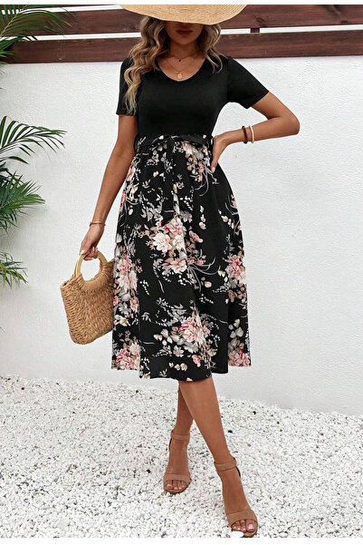 Modayakamoz Νέα σεζόν Γυναικείο κοντομάνικο λαιμόκοψη με λουλουδάτο μοτίβο επάνω μέρος από βισκόζη κοντό φόρεμα με μονόκλινο πάτο