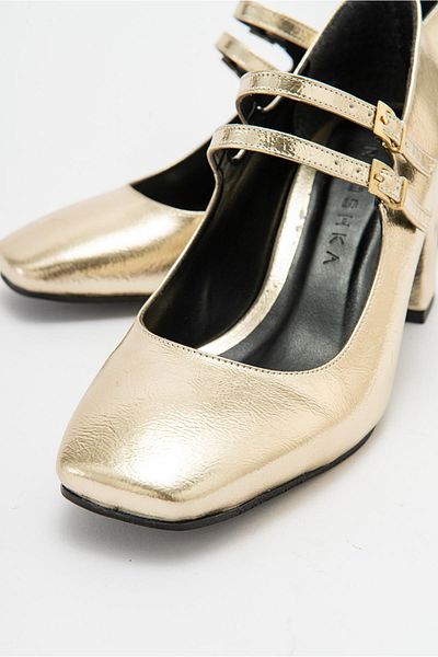 Niloshka Pantofi de damă cu toc cu cataramă dublă Roya Gold Metallic
