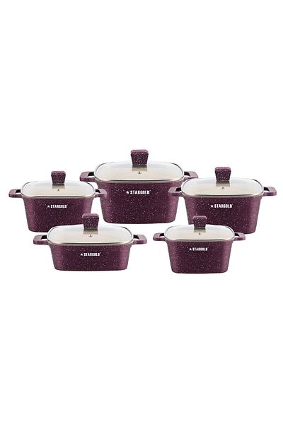 Generic Stargold 10-piece Nonstick Granite Cookware Set – Burgundy Square Pot Set With Glass Lids