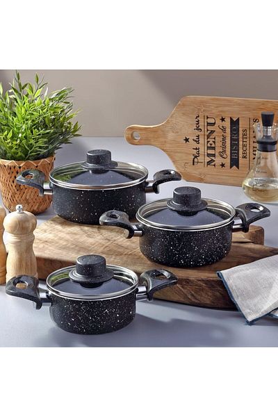 ENASHOP 6 Piece Granite Storage Container with Glass Lid - Midi Cookware Set 12Cm-14Cm-16Cm