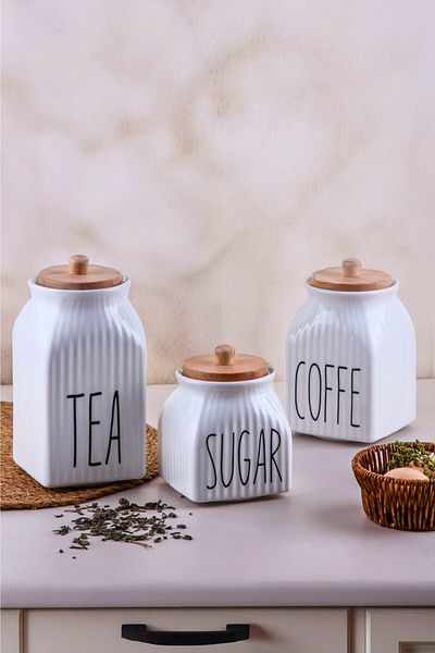 Woodcept Set of 3 Porcelain Sugar Tea Coffee Jars with Writing, Porcelain Jar Set with Wooden Lids
