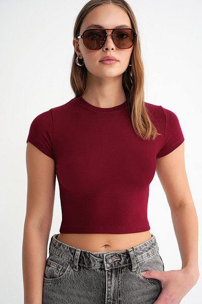 Mixray 2011 Women's Slim Fit Basic Crop T-Shirt Claret Red