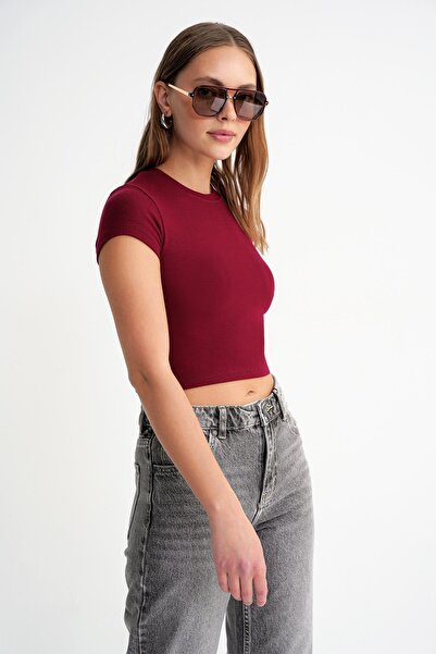 Mixray 2011 Women's Slim Fit Basic Crop T-Shirt Claret Red