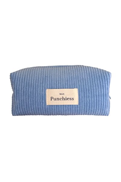 Punchiess Mavi Kadife Makyaj Çantası Büyük Boy