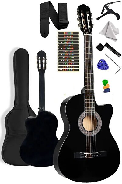 müzikhane Kesik Kasa Siyah Klasik Gitar Sap Ayarlı 4/4 Tam Boy Kılıf Askı Pena Kapo Çevirici Bez