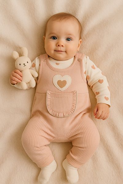 NAFİTTO Heart Baby Girl Jumpsuit 3-Piece Jumpsuit Set – Sleeved Bodysuit, Pocket Jumpsuit and Socks |   3-6-9 Months Baby Clothes