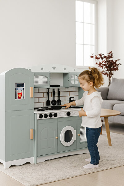 Hedef Çocuklar İçin Vintage Ahşap Oyuncak Mutfak Buzdolabı 1 Led Işıklı