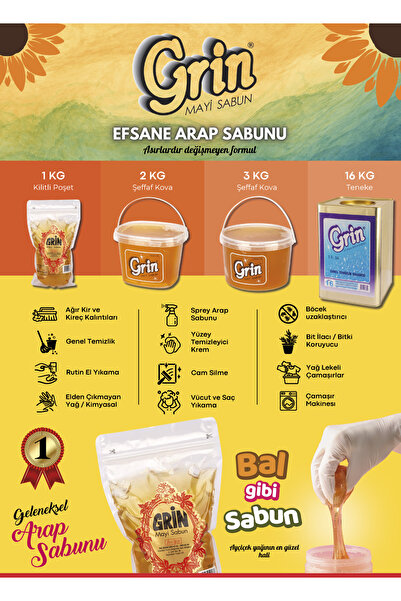 Grin 2 Kg Jel Arap Sabunu | Deterjan Alternatifi | Banyo, Fayans Temizleyici | Yüzey Temizleyici