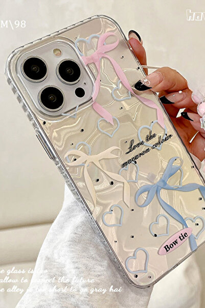 EWEC iPhone 13/14 Uyumlu Renkli Fiyonk ve Kalp Temalı Hologram Ins Style IMD Premium Telefon Kılıfı