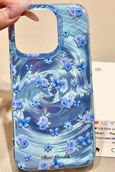 EWEC iPhone 13/14 Uyumlu Gradyan Mavi Gül ve Kelebek Hologram Ins Style IMD Premium Telefon Kılıfı