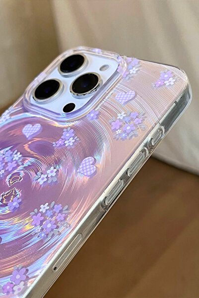 EWEC iPhone 13/14 Uyumlu Mor Çiçek ve Kalpli Purple Garden Hologramlı IMD Premium Telefon Kılıfı