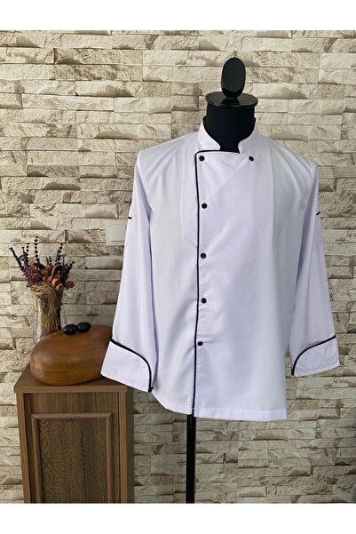 MARTEN 100% Cotton Gabardine White Long Sleeve Chef Cook Jacket / Cook Shirt Black Buttoned and Cook Pants Tkm