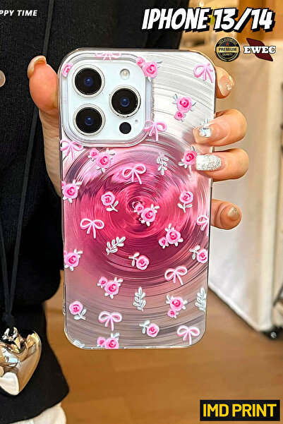 EWEC iPhone 13/14 Uyumlu Pembe Gül ve Fiyonk Temalı Hologramlı Ins Style IMD ...