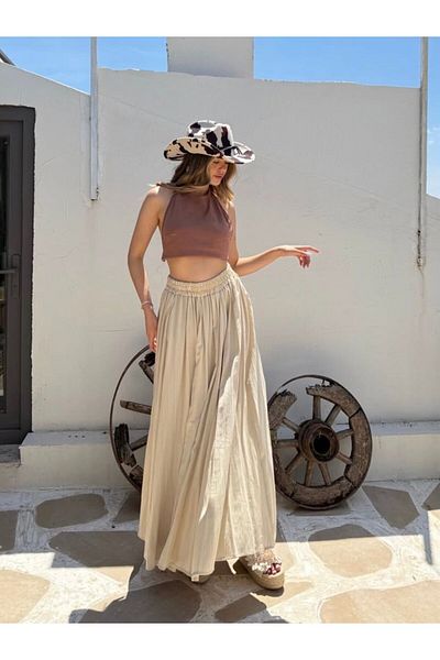 MODAGK Seersucker Linen Lined Kilos Bohemian Skirt-Cream Color