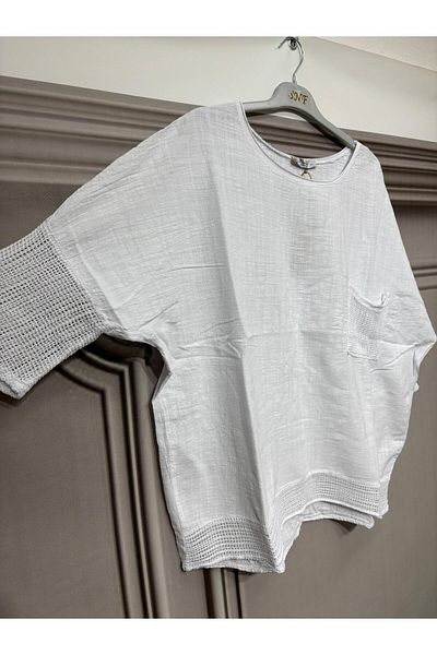 AGORATEKSTİL Women's Oversize Mesh 100% Linen Blouse
