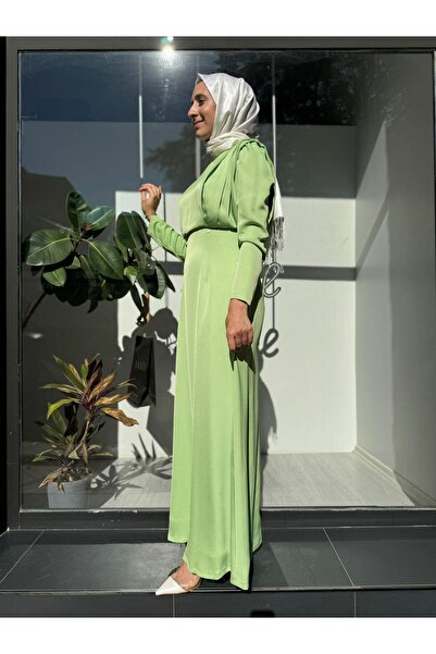 SENN Omzu Taşlı Pile Detaylı Ravine Kadın Abiye Elbise Fıstık Yeşili