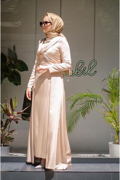 SENN Yakası Taşlı Bağlama Detaylı Bianca Kadın Abiye Elbise Bej