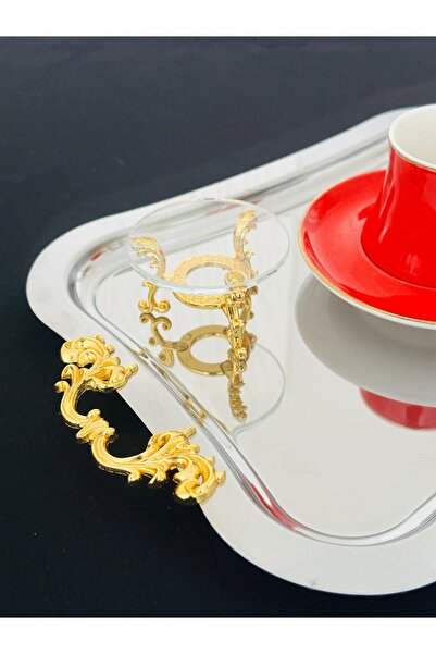 Melinda home Stainless Steel Rectangular Removable Handle Detailed Tea, Coffee, Treat Serving Presentation Tray (21X26Cm)