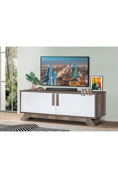 Generic Luxury Wooden TV Table with Fixed Base and 2-Level Storage Cabinet, Malaysian Wood, Gray and White