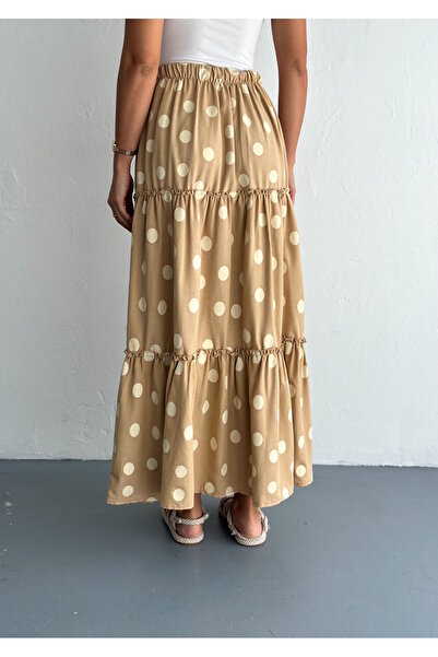 MaxiMor Women's Polka Dot Elastic Waist Full Mold Pleated Linen Fabric Long Skirt Length 100 cm