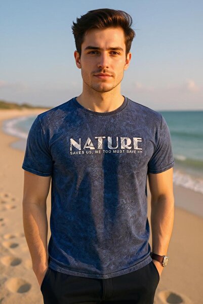 Tex Republic Синя чоловіча футболка - облягаючий крій, друк методом ін'єкції, бавовна