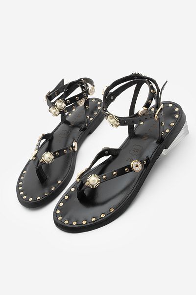 Marjin Women's Genuine Leather Ankle Strap Flip Flop Studded Daily Sandals Zoney Black