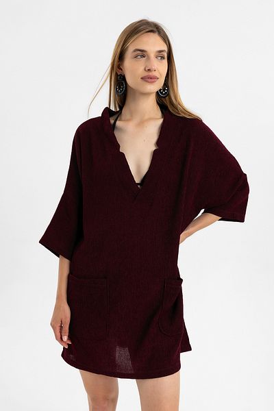 Deriderim Burgundy Short Sleeve V Neck Bag Pocket Loose Cut Cotton Beach Shirt Dress