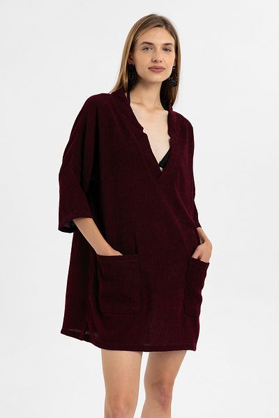 Deriderim Burgundy Short Sleeve V Neck Bag Pocket Loose Cut Cotton Beach Shirt Dress