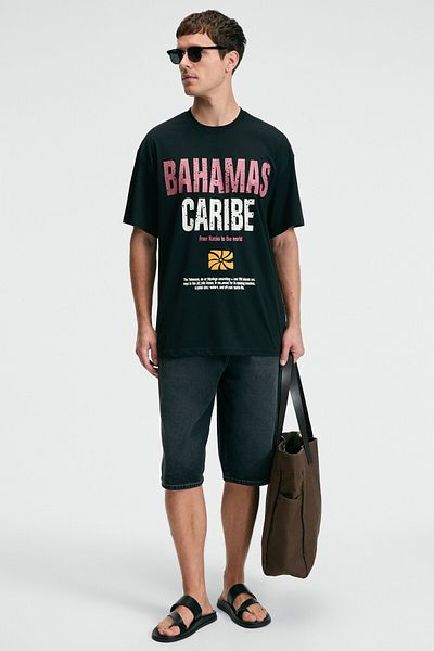 GRIMELANGE Nibble Men's Oversize 100% Cotton Printed Round Neck Black T-Shirt