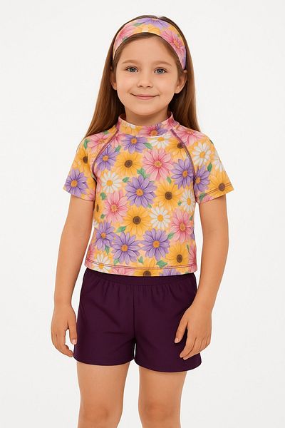 pistyle Flower Patterned Girl's Swimsuit - Including Bottom, Top and Scarf